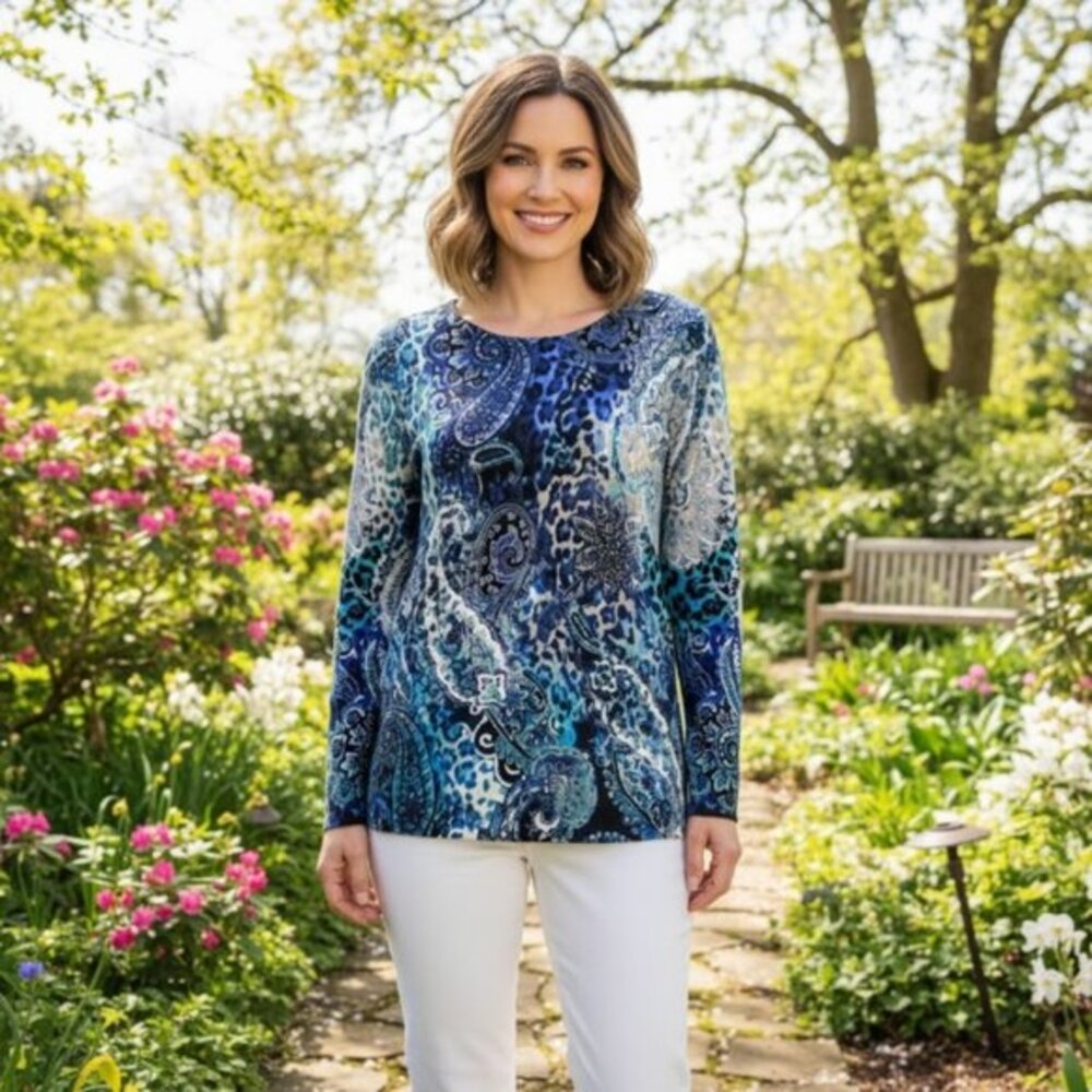 NWOT Chico's Women's Turquoise Paisley Cheetah Crewneck Tunic 12